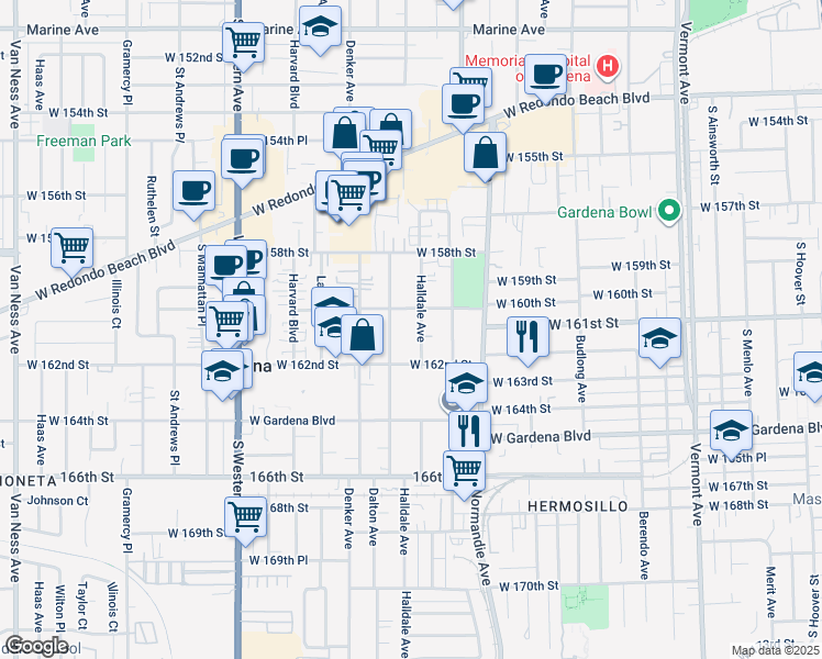 map of restaurants, bars, coffee shops, grocery stores, and more near 16015 Halldale Avenue in Gardena