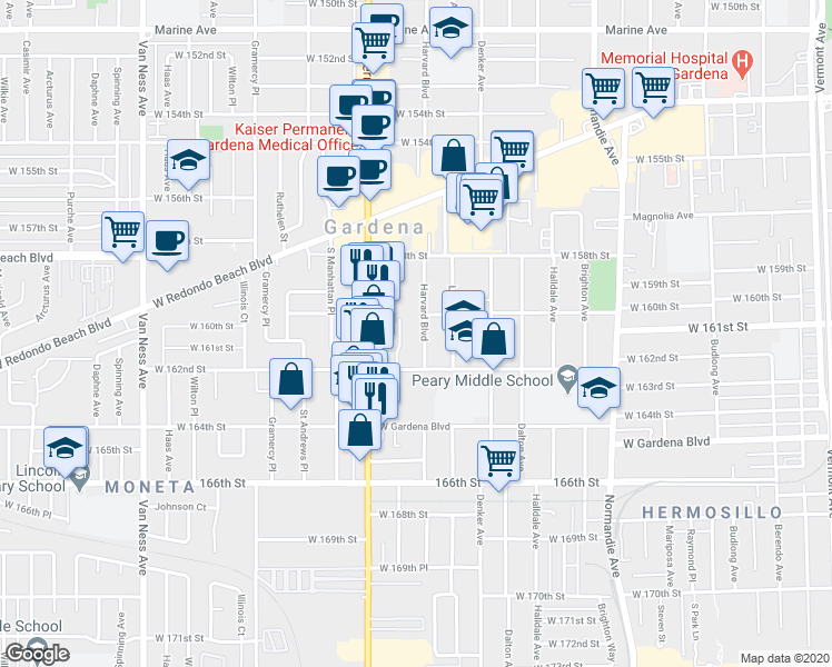 map of restaurants, bars, coffee shops, grocery stores, and more near 16020 South Western Avenue in Gardena