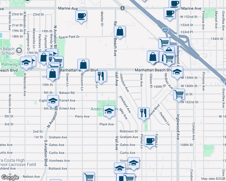 map of restaurants, bars, coffee shops, grocery stores, and more near 2221 Bataan Road in Redondo Beach