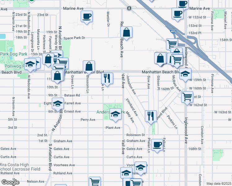 map of restaurants, bars, coffee shops, grocery stores, and more near 2221 Bataan Road in Redondo Beach