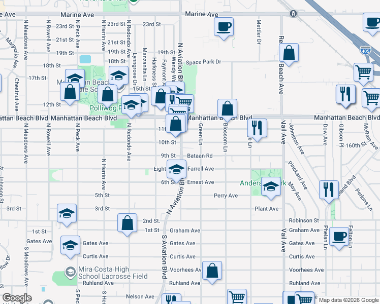 map of restaurants, bars, coffee shops, grocery stores, and more near 1903 Bataan Road in Redondo Beach