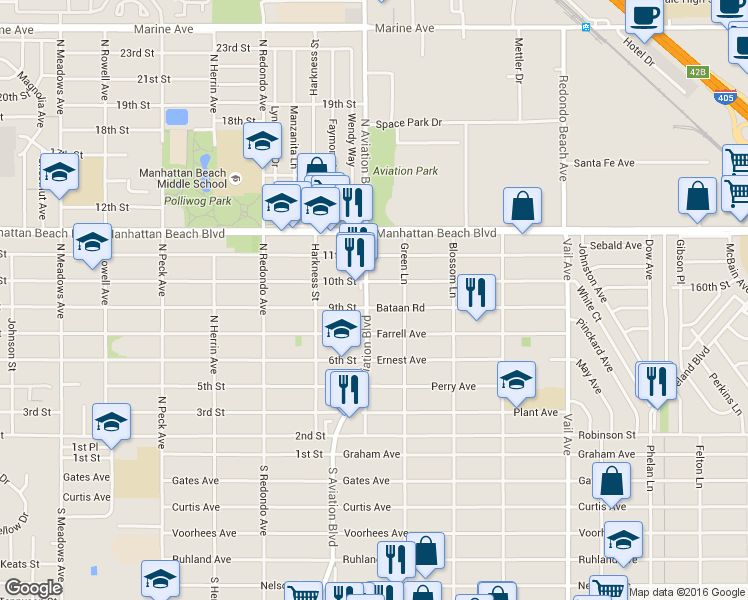 map of restaurants, bars, coffee shops, grocery stores, and more near 1903 Bataan Road in Redondo Beach