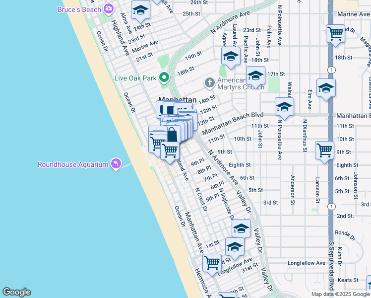 map of restaurants, bars, coffee shops, grocery stores, and more near 1035 North Morningside Drive in Manhattan Beach