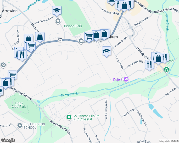map of restaurants, bars, coffee shops, grocery stores, and more near 189 Hood Road Northwest in Lilburn