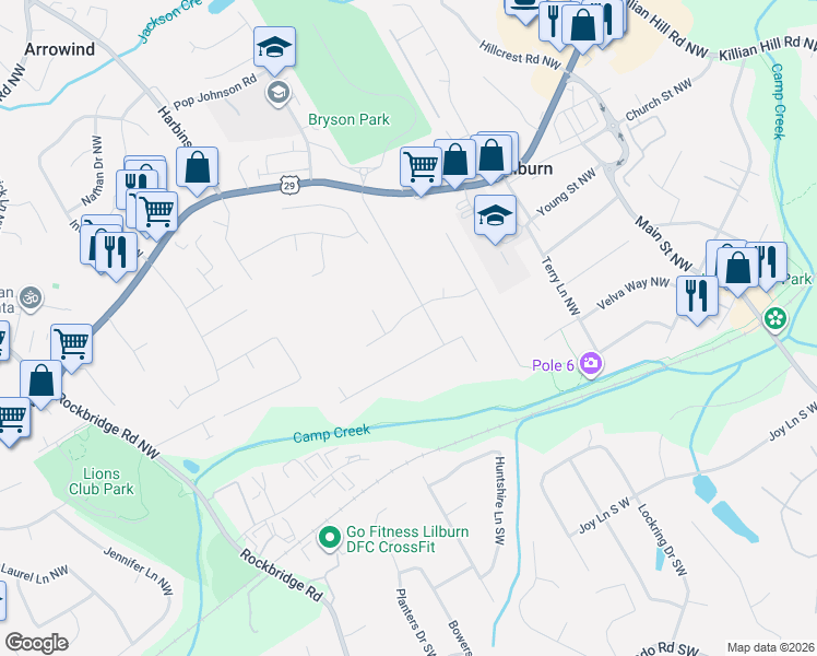map of restaurants, bars, coffee shops, grocery stores, and more near 5126 Remington Court Northwest in Lilburn