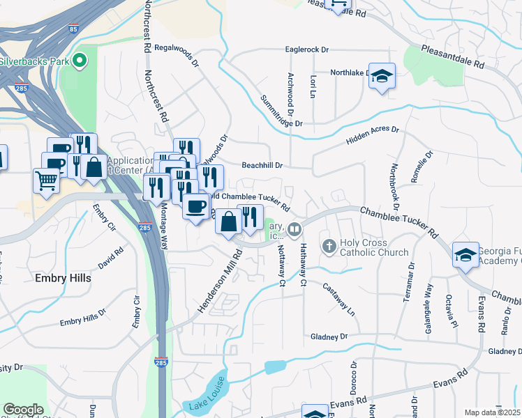 map of restaurants, bars, coffee shops, grocery stores, and more near 3557 Old Chamblee Tucker Road in Doraville