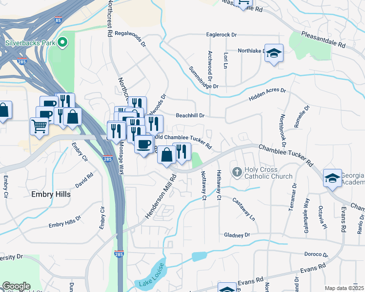 map of restaurants, bars, coffee shops, grocery stores, and more near 3543 Old Chamblee Tucker Road in Doraville