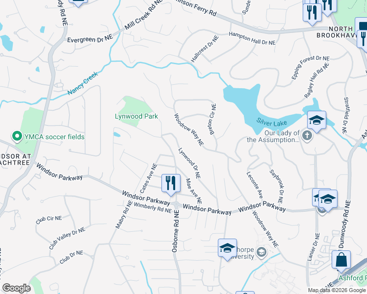 map of restaurants, bars, coffee shops, grocery stores, and more near 3255 Lynwood Drive Northeast in Atlanta