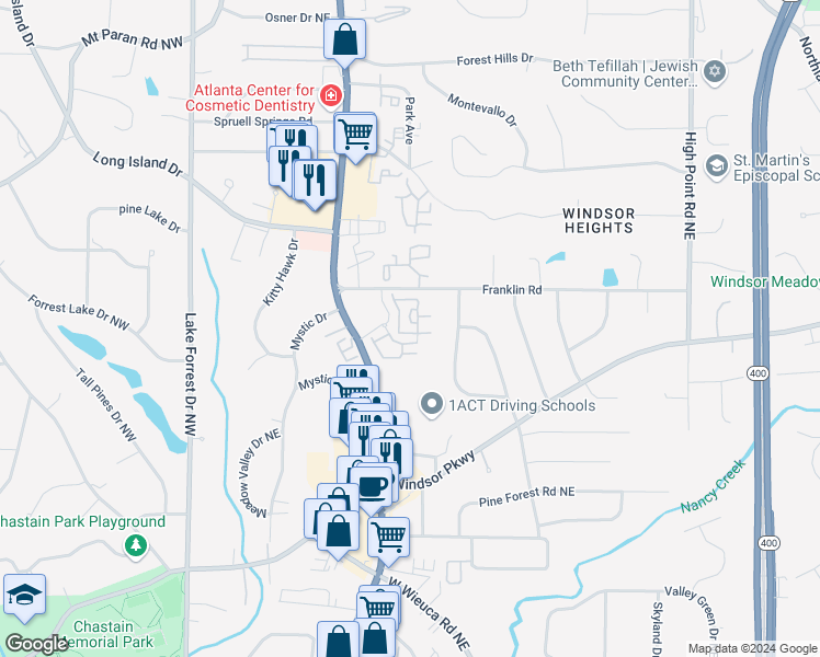 map of restaurants, bars, coffee shops, grocery stores, and more near 4308 Parkside Place in Atlanta