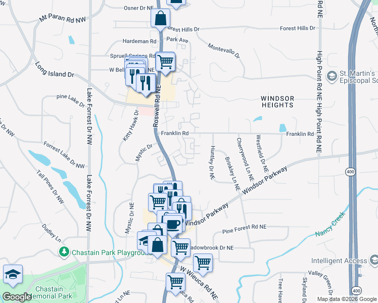 map of restaurants, bars, coffee shops, grocery stores, and more near 4204 Deming Circle in Sandy Springs