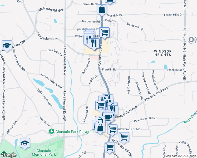 map of restaurants, bars, coffee shops, grocery stores, and more near 188 Mystic Court in Sandy Springs