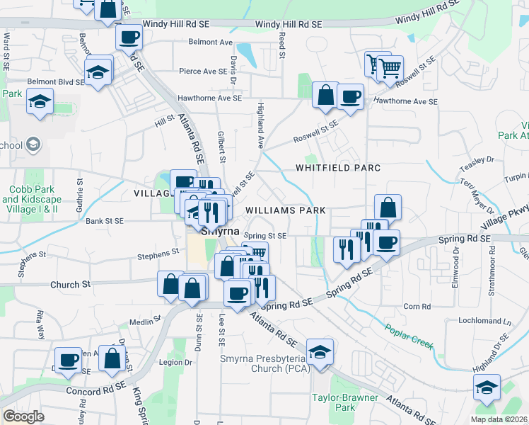 map of restaurants, bars, coffee shops, grocery stores, and more near 2792 Morris Circle in Smyrna