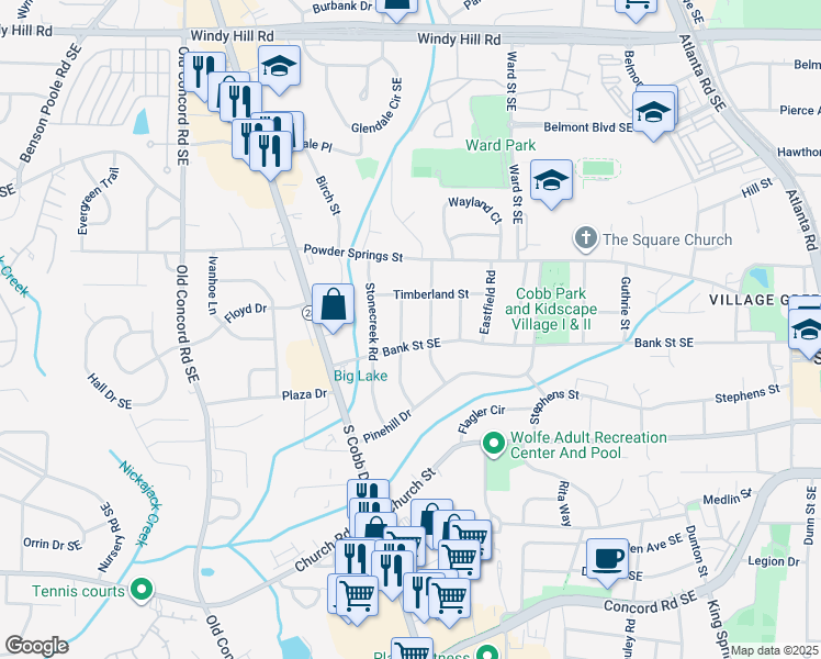map of restaurants, bars, coffee shops, grocery stores, and more near 2813 Hillside Road in Smyrna