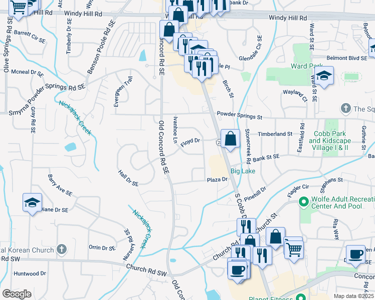 map of restaurants, bars, coffee shops, grocery stores, and more near 2831 Ivanhoe Lane in Smyrna