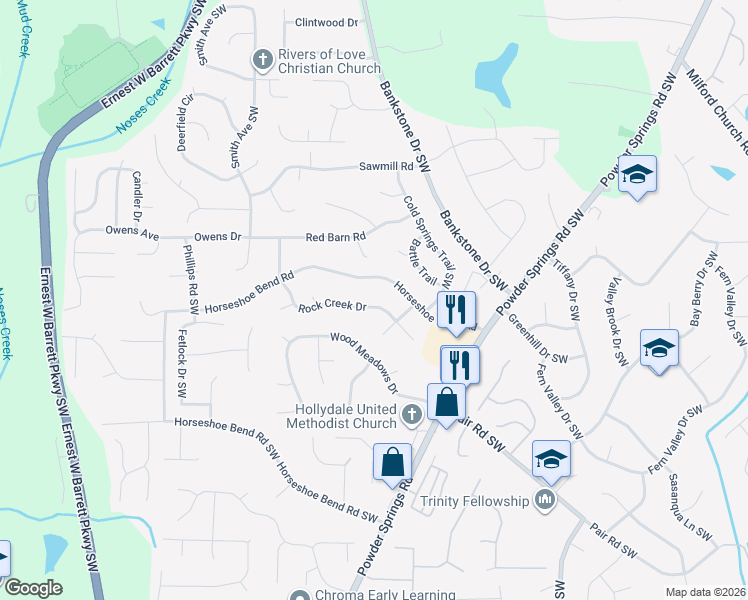 map of restaurants, bars, coffee shops, grocery stores, and more near 2330 Rock Creek Drive in Marietta