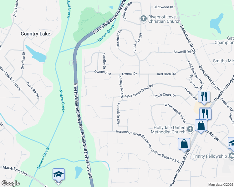 map of restaurants, bars, coffee shops, grocery stores, and more near 2810 Phillips Road Southwest in Marietta