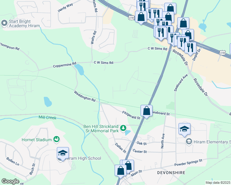 map of restaurants, bars, coffee shops, grocery stores, and more near 275 Denver Avenue in Hiram