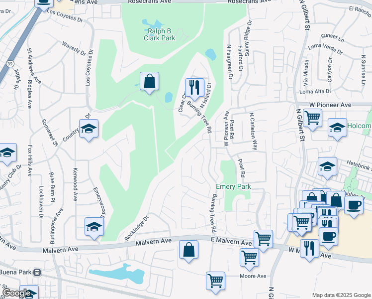 map of restaurants, bars, coffee shops, grocery stores, and more near 2771 Wyckersham Place in Fullerton