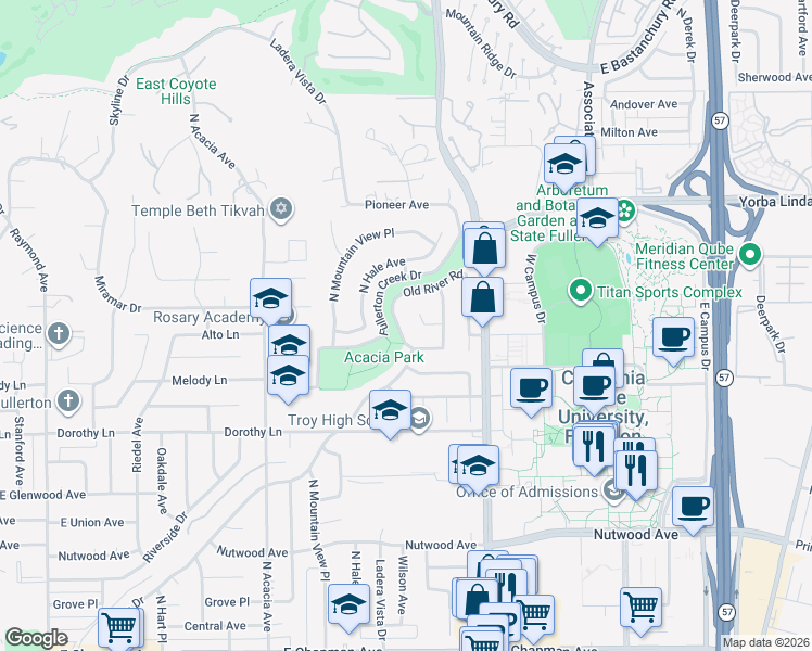 map of restaurants, bars, coffee shops, grocery stores, and more near 1420 Old River Road in Fullerton