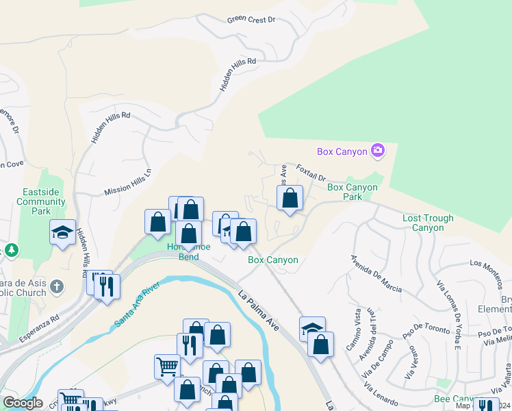 map of restaurants, bars, coffee shops, grocery stores, and more near 5255 Box Canyon Court in Yorba Linda