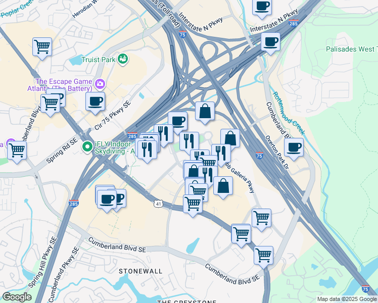 map of restaurants, bars, coffee shops, grocery stores, and more near 100 Galleria Parkway in Atlanta