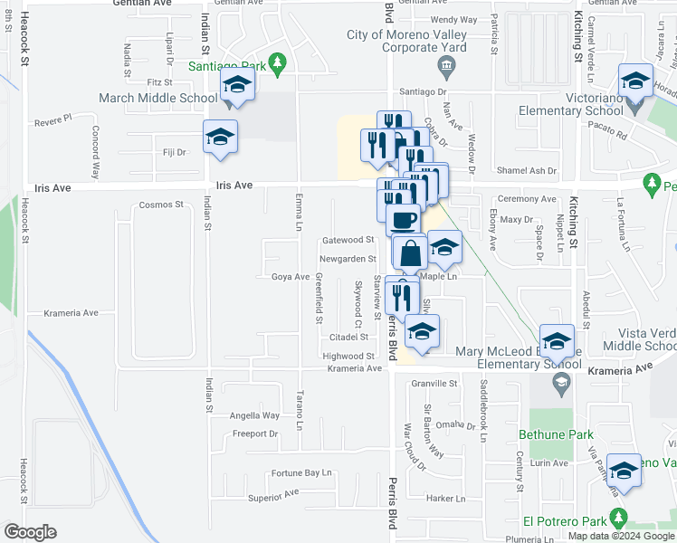 map of restaurants, bars, coffee shops, grocery stores, and more near 16212 Breezewood Street in Moreno Valley