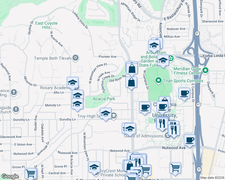 map of restaurants, bars, coffee shops, grocery stores, and more near 2226 Meadow Lane in Fullerton