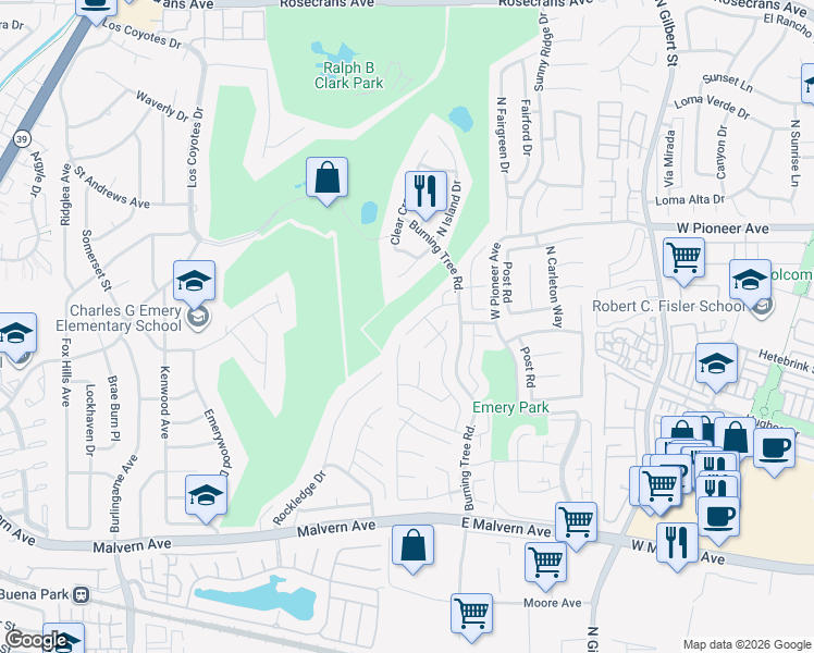 map of restaurants, bars, coffee shops, grocery stores, and more near 2771 Wyckersham Place in Fullerton