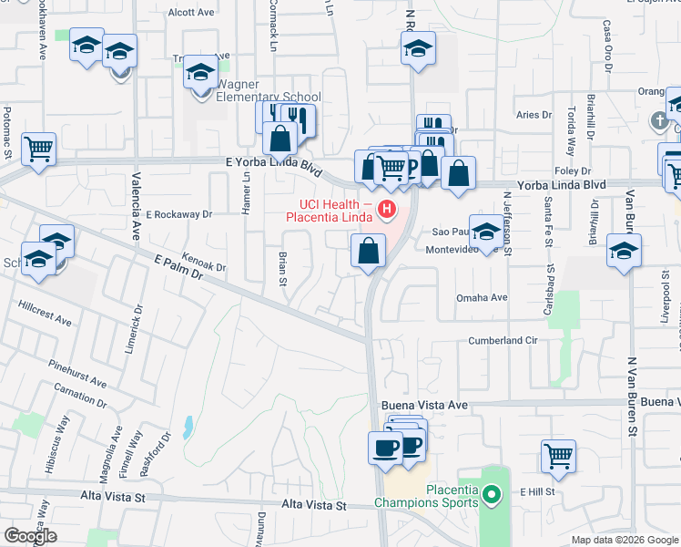 map of restaurants, bars, coffee shops, grocery stores, and more near 1249 Moro Circle in Placentia