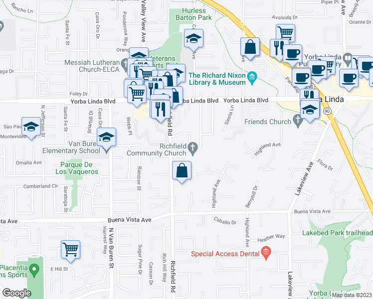 map of restaurants, bars, coffee shops, grocery stores, and more near 17692 Calgary Avenue in Yorba Linda
