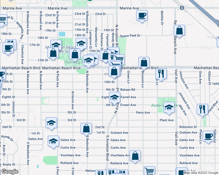 map of restaurants, bars, coffee shops, grocery stores, and more near 1827 9th Street in Manhattan Beach