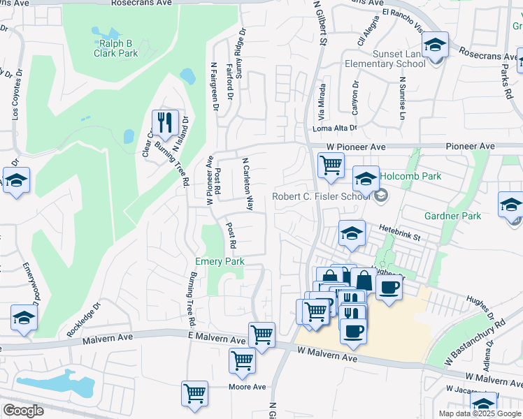 map of restaurants, bars, coffee shops, grocery stores, and more near 1301 Candlewood Drive in Fullerton