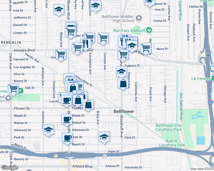 map of restaurants, bars, coffee shops, grocery stores, and more near 16410 Cornuta Avenue in Bellflower