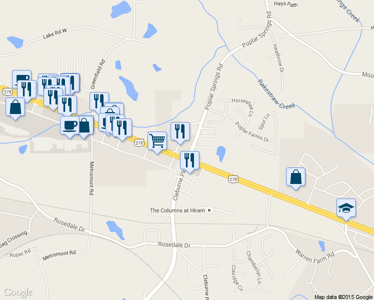 map of restaurants, bars, coffee shops, grocery stores, and more near 5749 Wendy Bagwell Pkwy in Hiram