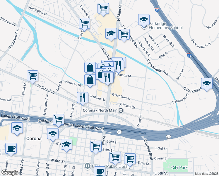 map of restaurants, bars, coffee shops, grocery stores, and more near 418 North Main Street in Corona