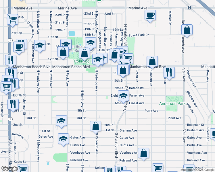 map of restaurants, bars, coffee shops, grocery stores, and more near 1741 9th Street in Manhattan Beach