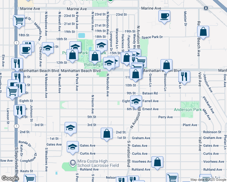 map of restaurants, bars, coffee shops, grocery stores, and more near 1741 9th Street in Manhattan Beach