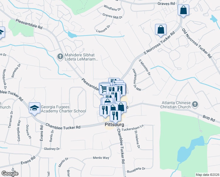 map of restaurants, bars, coffee shops, grocery stores, and more near 411 Bentley Place in Tucker