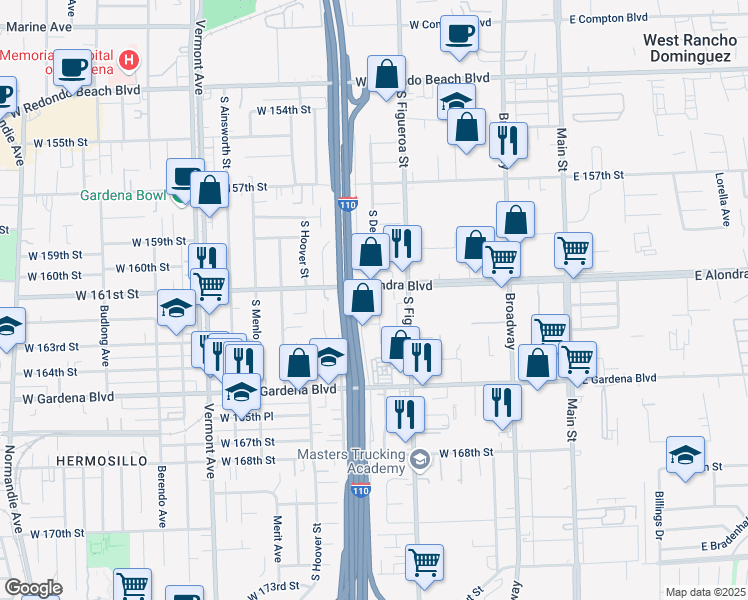 map of restaurants, bars, coffee shops, grocery stores, and more near 16111 South Denver Avenue in Gardena