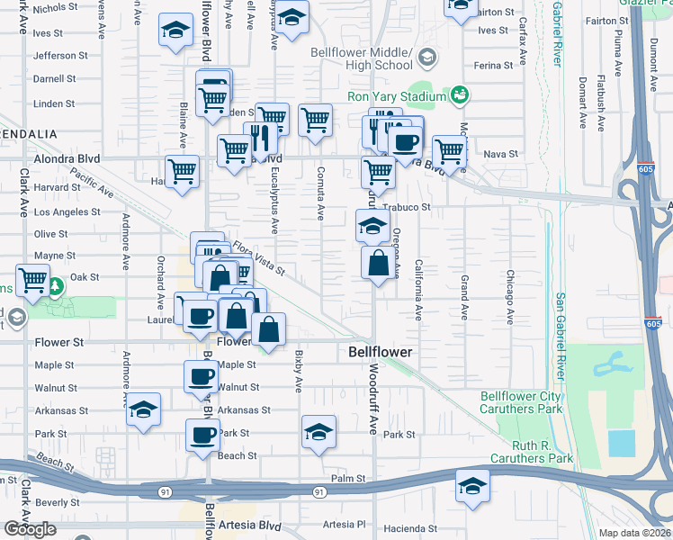 map of restaurants, bars, coffee shops, grocery stores, and more near 16410 Cornuta Avenue in Bellflower
