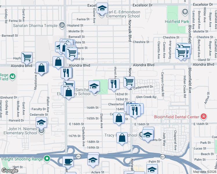 map of restaurants, bars, coffee shops, grocery stores, and more near 12031 161st Street in Norwalk