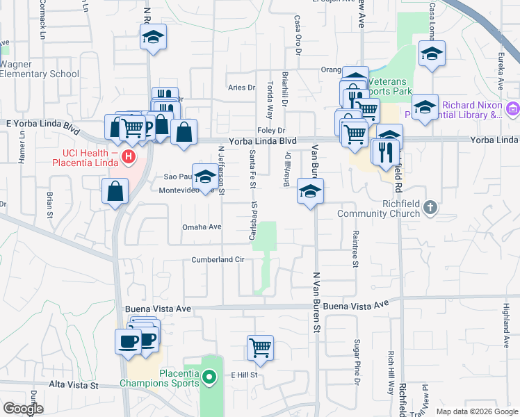map of restaurants, bars, coffee shops, grocery stores, and more near 1248 Carlsbad Street in Placentia