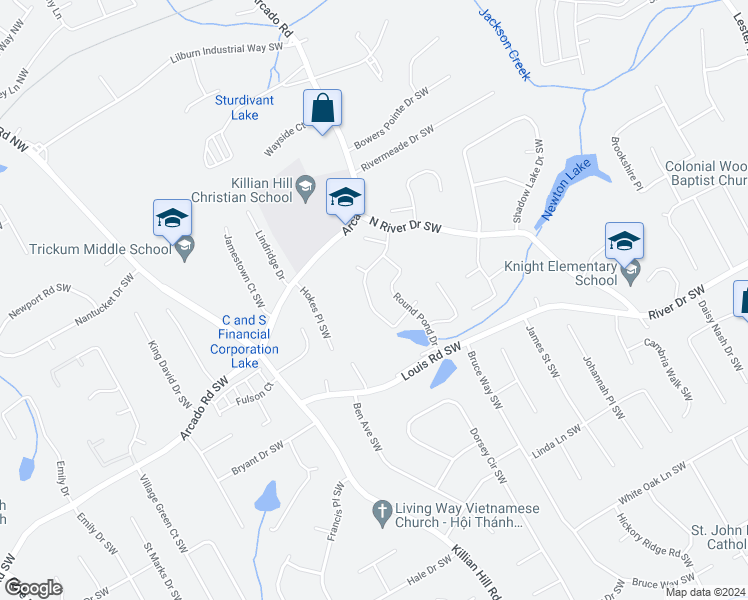 map of restaurants, bars, coffee shops, grocery stores, and more near 152 Pebble Pond Drive in Lilburn