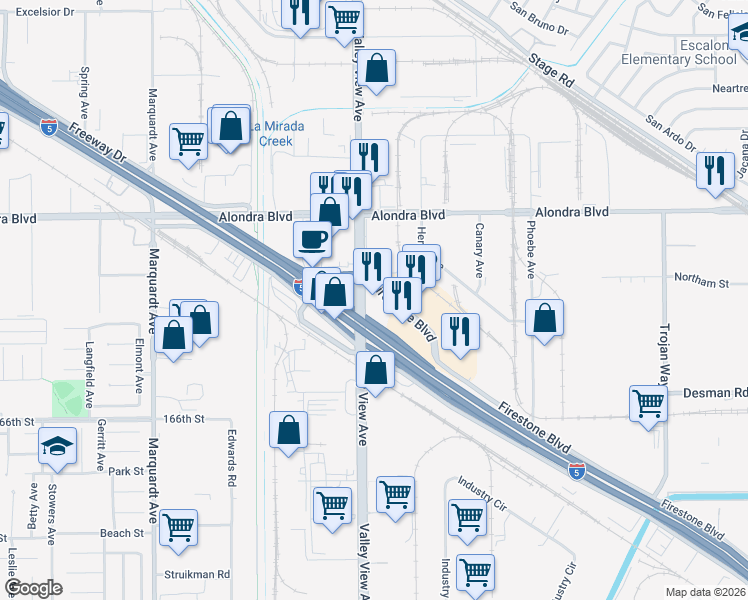 map of restaurants, bars, coffee shops, grocery stores, and more near 14241 Firestone Boulevard in La Mirada