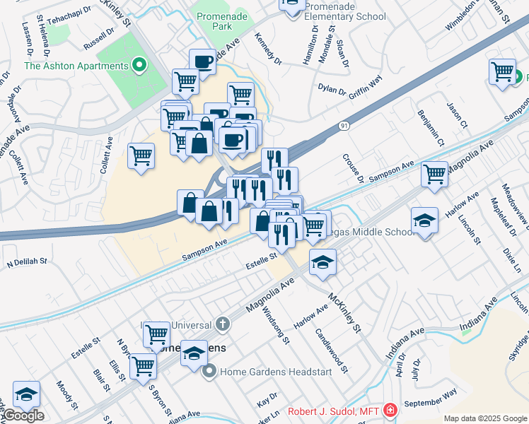 map of restaurants, bars, coffee shops, grocery stores, and more near 159 North McKinley Street in Corona