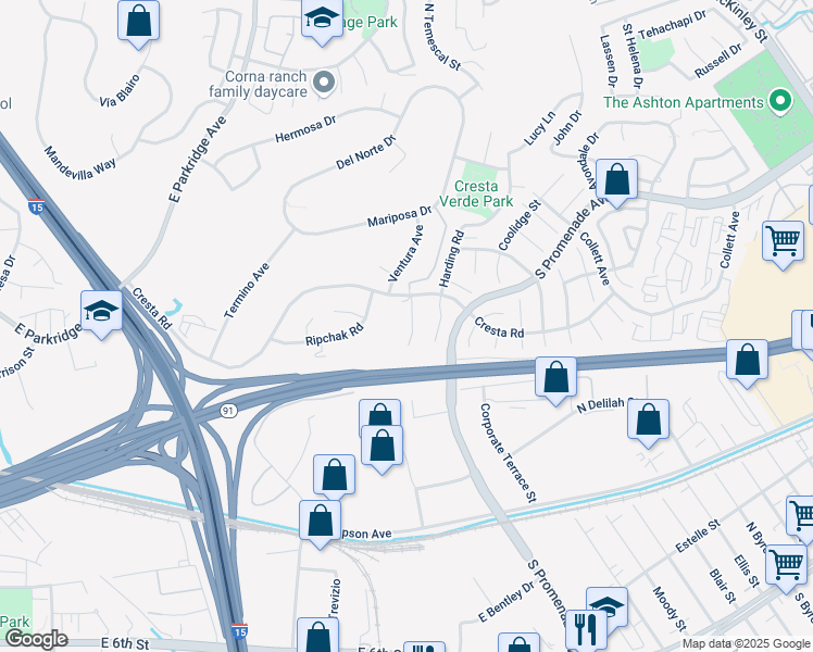 map of restaurants, bars, coffee shops, grocery stores, and more near 428 Wynola Court in Corona