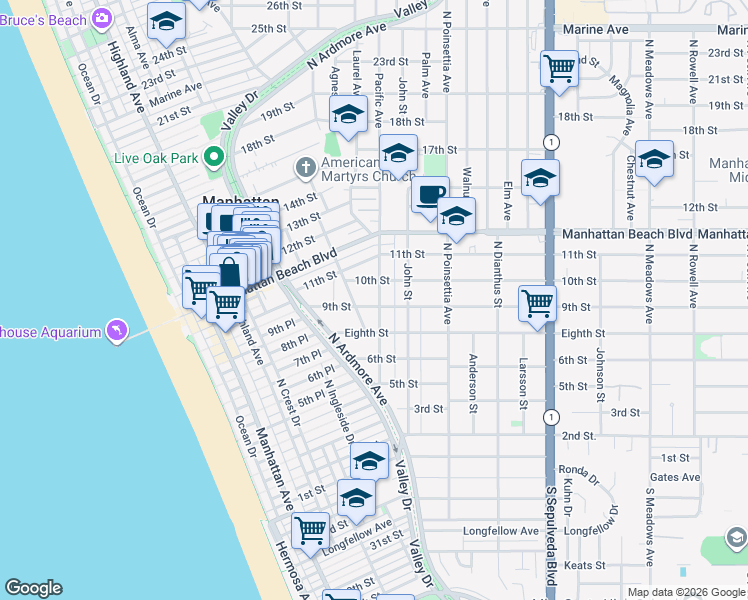 map of restaurants, bars, coffee shops, grocery stores, and more near 904 Highview Avenue in Manhattan Beach