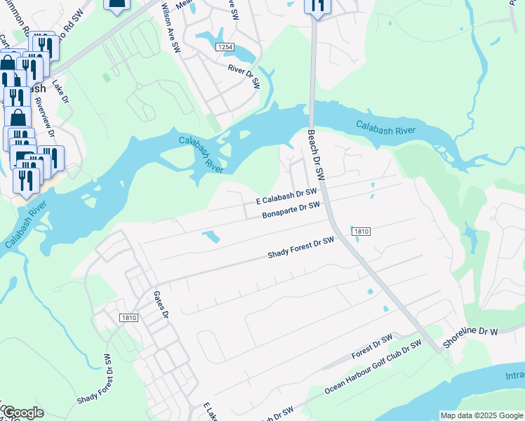 map of restaurants, bars, coffee shops, grocery stores, and more near 9084 Bonaparte Dr SW in Calabash