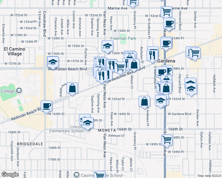 map of restaurants, bars, coffee shops, grocery stores, and more near 2136 West 160th Street in Torrance