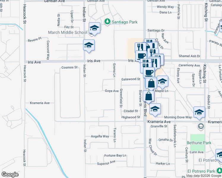 map of restaurants, bars, coffee shops, grocery stores, and more near 24722 Goya Avenue in Moreno Valley